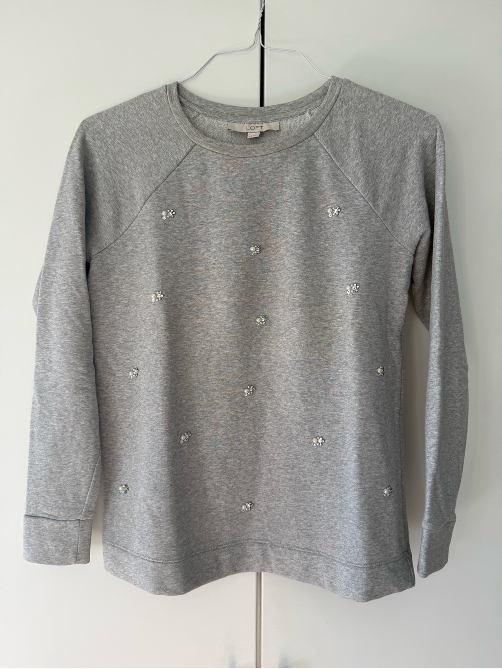 LOFT Pearl Rhinestone Embellished Gray Sweatshirt XS